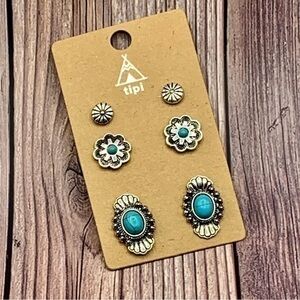 3 Pair Earrings Set Concho Turquoise Stone